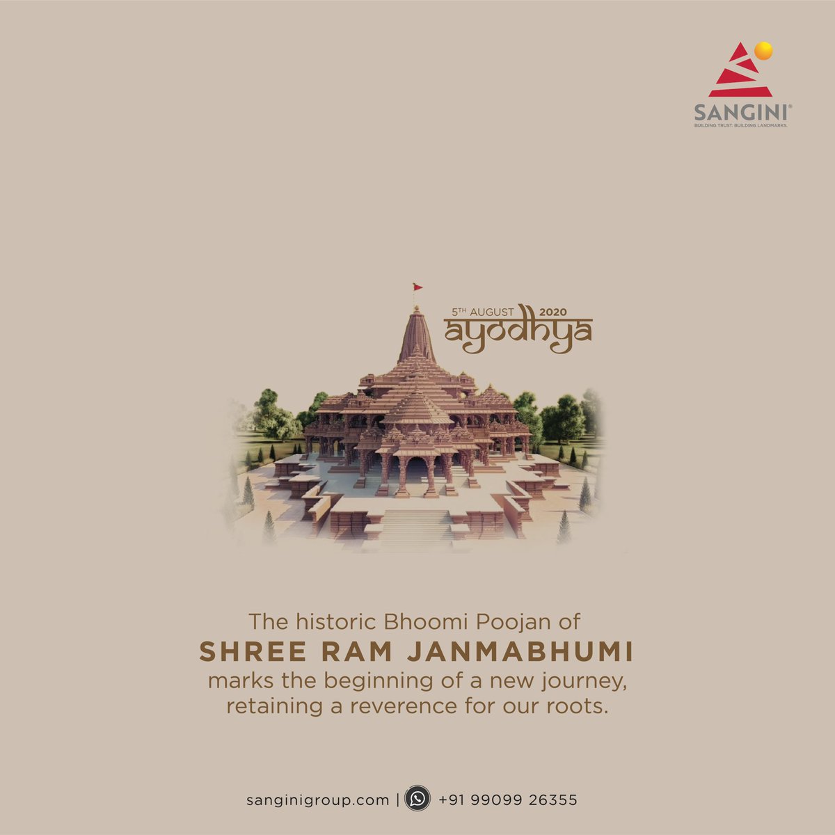 Sangini_Group's tweet photo. The historic bhoomi pujan of Shree Ram Janmabhumi marks the beginning  of a new journey, retaining a reverence for our roots.  

#sanginigroup #jaishreeram #ayodhya https://t.co/1ilQ5DXRbR