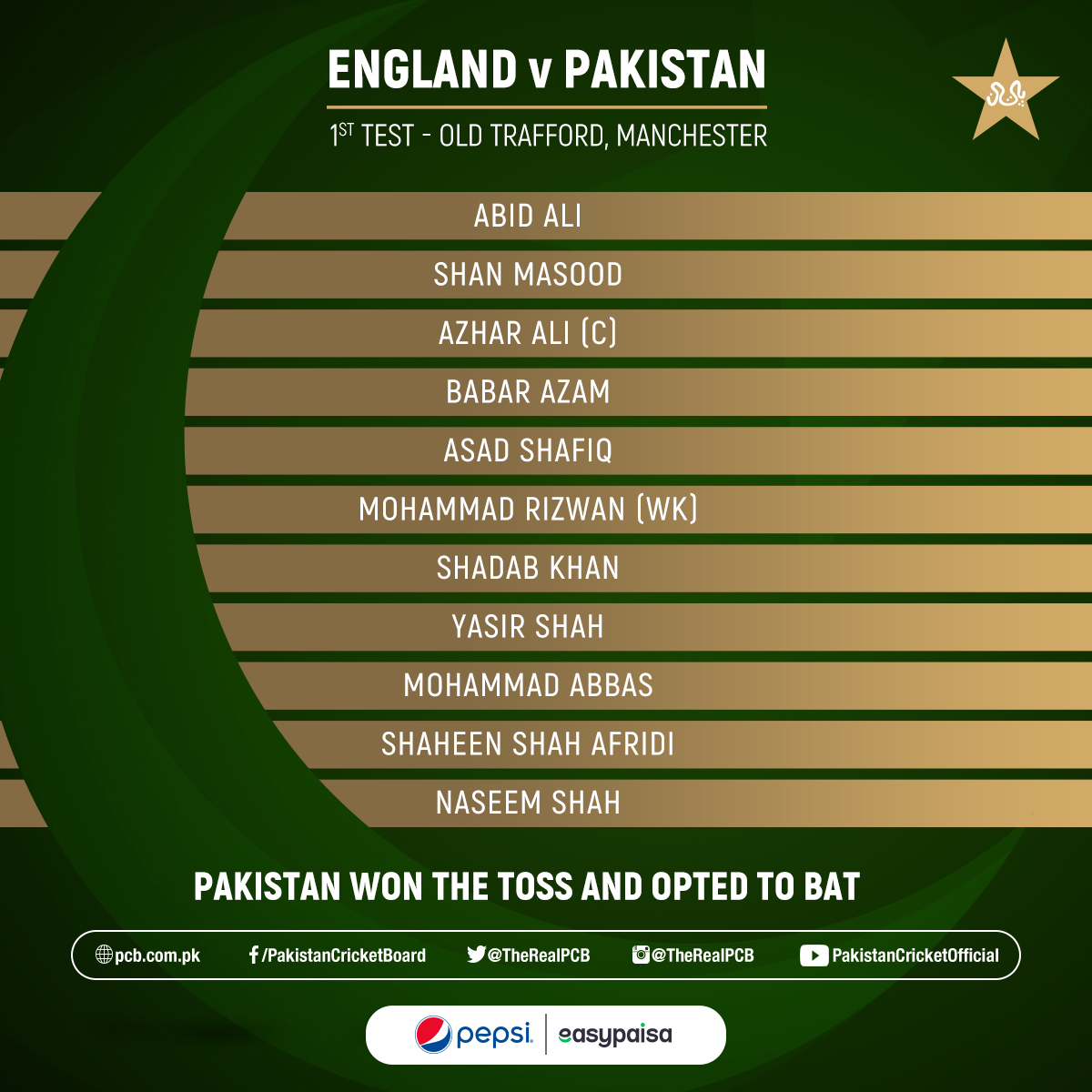 TheRealPCB's tweet photo. Pakistan win the toss and elect to bat first. #ENGvPAK https://t.co/bHu8uc9344