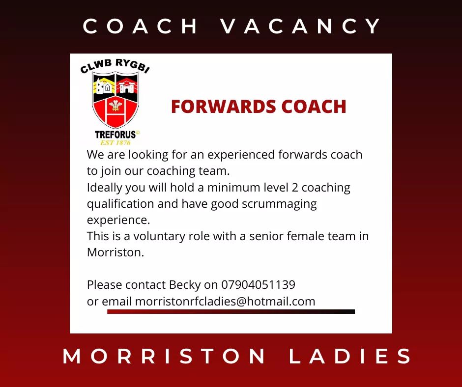 Pls RT: COACH VACANCY.
<a href="/AllWalesSport/">All Wales Sport</a> <a href="/WelshRugbyUnion/">Welsh Rugby Union 🏴󠁧󠁢󠁷󠁬󠁳󠁿</a> <a href="/waleswomenrugby/">Welsh Women's Rugby🏴󠁧󠁢󠁷󠁬󠁳󠁿</a> <a href="/Deadballline1/">Jo Rogers</a>