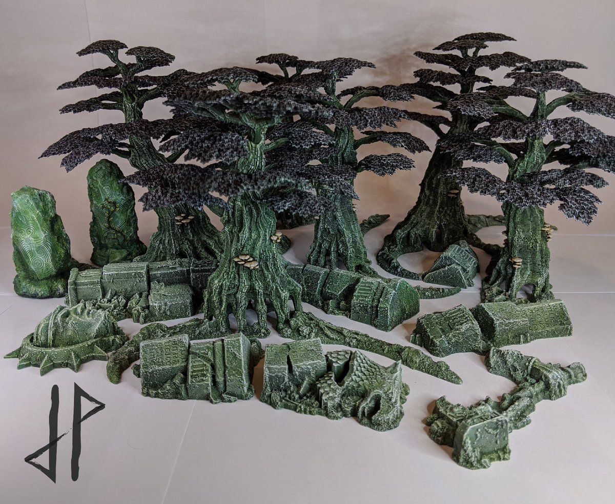 JPMiniatures's tweet photo. So I have managed to make some more scenery for #warcry .The idea behind the trees is that they are a part of the #ebonforest found stretching between #Ulgu and #Ghyran (through a moondoor realmgate) where the forest floor is in perpetual shadow from the black leaved trees above. https://t.co/oUoUC9FVs9