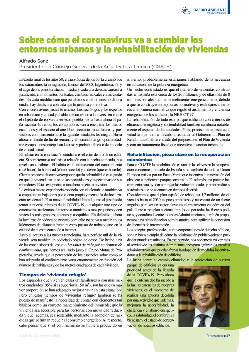 "Cómo el coronavirus va a cambiar los entornos urbanos y la rehabilitación de viviendas", artículo de <a href="/AlfredoSanz/">Alfredo Sanz CGATE</a>, presidente de <a href="/CGATEsp/">CGATEsp</a> ow.ly/YCbW50ARbj3