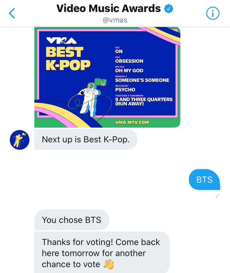  VMAs TUTORIAL 7. For additional votes, DM Video Music Awards on TWITTER and FACEBOOK.✓ Choose "BTS"