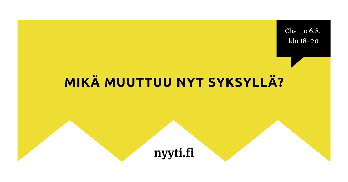 nyyti_ry's tweet photo. #Nyyti’n #chat’ssa jutellaan torstaina 6.8. syksyn tuomista muutoksista eri elämän alueilla: #opiskelu, #asuminen, #ihmissuhteet. Mitä ajatuksia ja tunteita muutokset herättää? Mitä käytännön asioita on otettava huomioon? #opiskelija, tuu mukaan >> https://t.co/kxnjeR3PSI https://t.co/KO1VZ0Jp3U