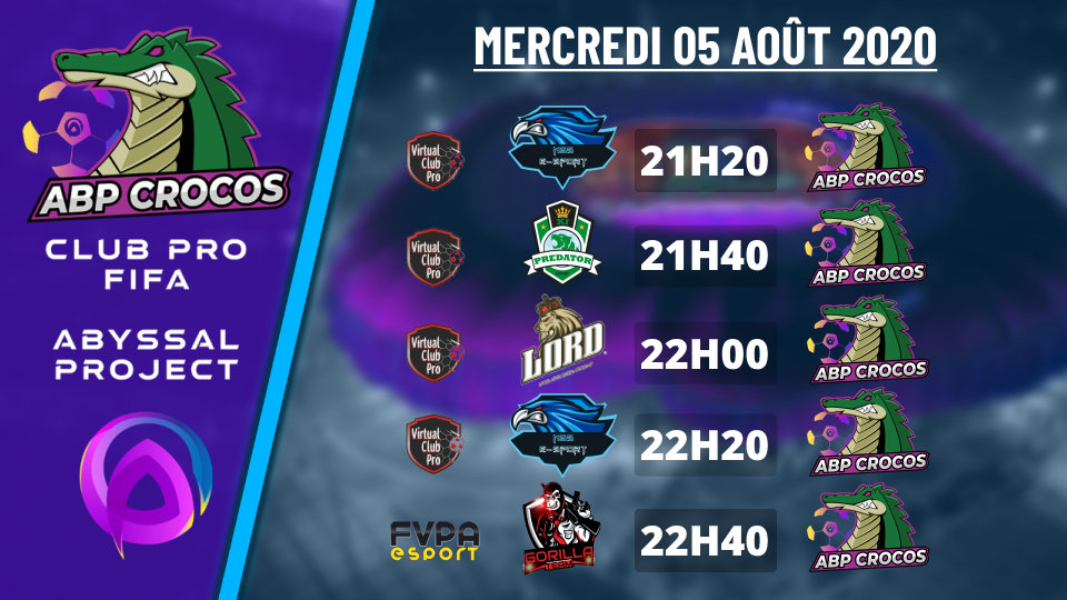 ⚽️GROSSE SOIRÉE🚨

Ce soir grosse soirée pour nos Crocos ! 🐊

☀️SUN LEAGUE: <a href="/EsgPs4/">EsportGaming Playstation</a> 
1/4 FINALE CUP vs @NGS_ClubPro 
J10 vs <a href="/EsportXi/">XI Vasilias eSport</a> 
J11 vs #LordsA
J12 vs @NGS_ClubPro 

☀️SUMMER LEAGUE: <a href="/FVPAeSport/">FVPA Esport</a> 
J4 vs <a href="/EsportGorilla/">Gorilla Esport</a> 

BM à tous 🤝🤝

#LetsGoABP 
#AllezLesCrocos