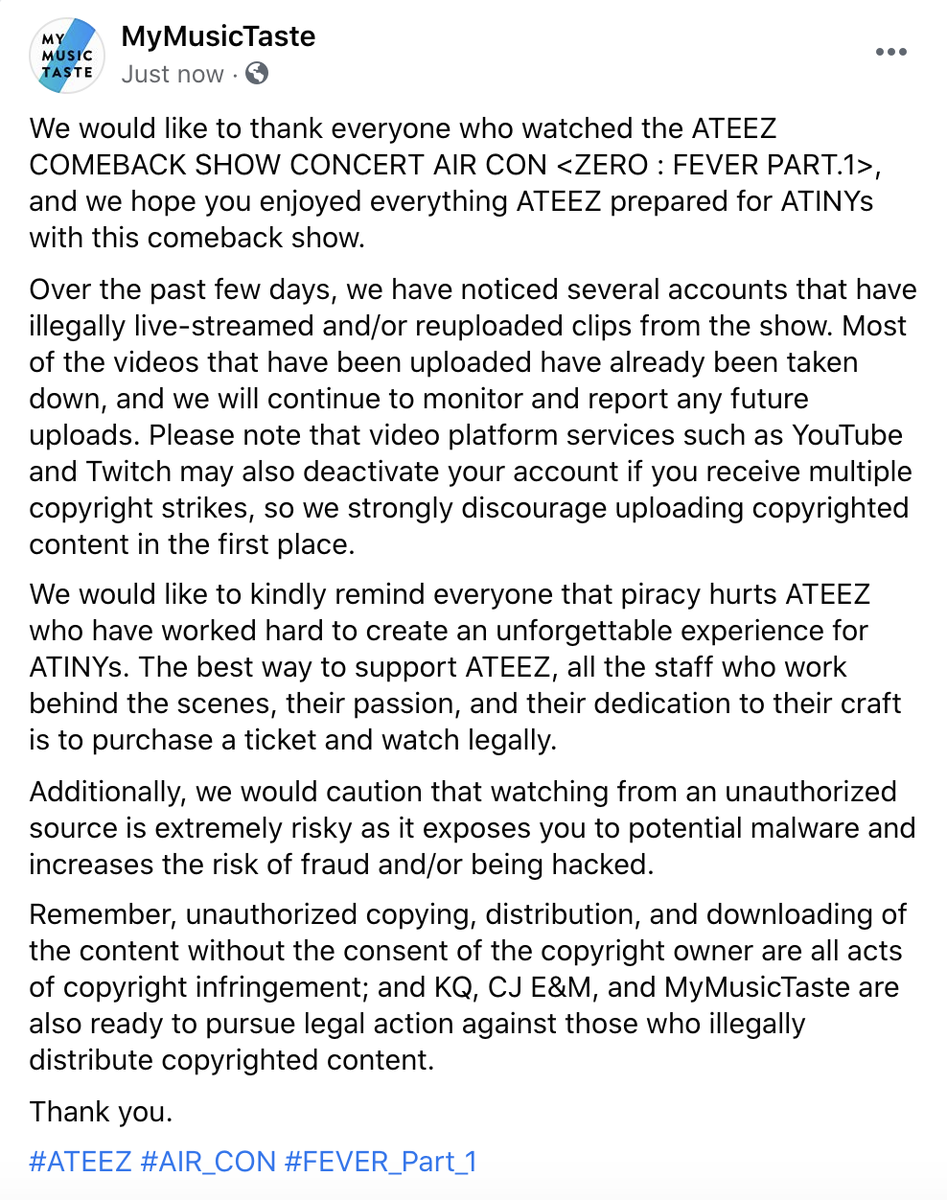 _mymusictaste's tweet photo. We would like to kindly remind everyone that piracy hurts ATEEZ who have worked hard to create an unforgettable experience for ATINYs and that the best way to support ATEEZ and all the staff who work behind the scenes is to purchase a ticket and watch legally. #ATEEZ #AIR_CON https://t.co/A0ZEN6yXW6