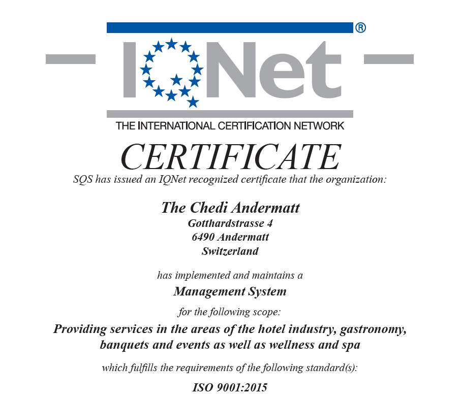 The Chedi Andermatt has been re-certified with an IQNet recognized certificate by implementing and maintaining a management system which fulfills the requirements of the ISO 9001:2015 standard(s) #iso9001 #hospitalityindustry