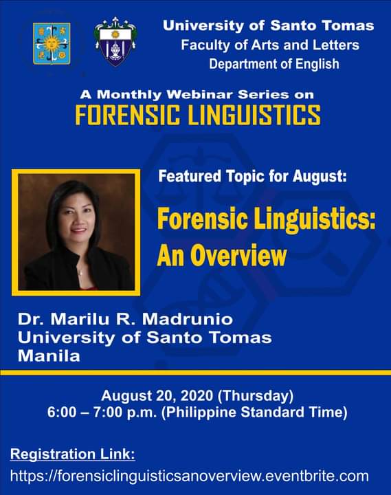 senseigab's tweet photo. The UST Department of English is hosting this webinar on forensic linguistics on August 20, 2020. If you're interested, register now at https://t.co/HKE4nyRYTb! #forensiclinguistics #lingchat https://t.co/KQaVJRrEFm