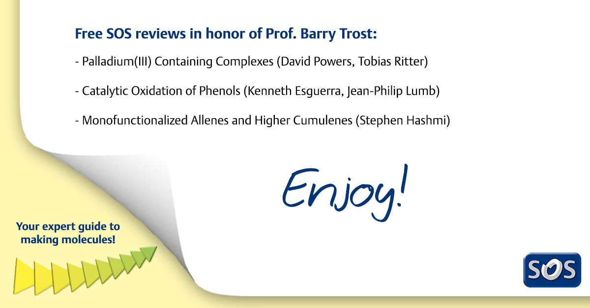 thiemechemistry's tweet photo. In honor of the long and varied career of Barry Trost of @StanfordUChem, this month you can take a look at three SOS articles by some of his former co-workers for free. ⚗️💪
Enjoy free SoS reviews ➡️ https://t.co/CPENkj0r3m
#SOS20Years #WeTransformSynthesis https://t.co/XlPQXwZ6ke