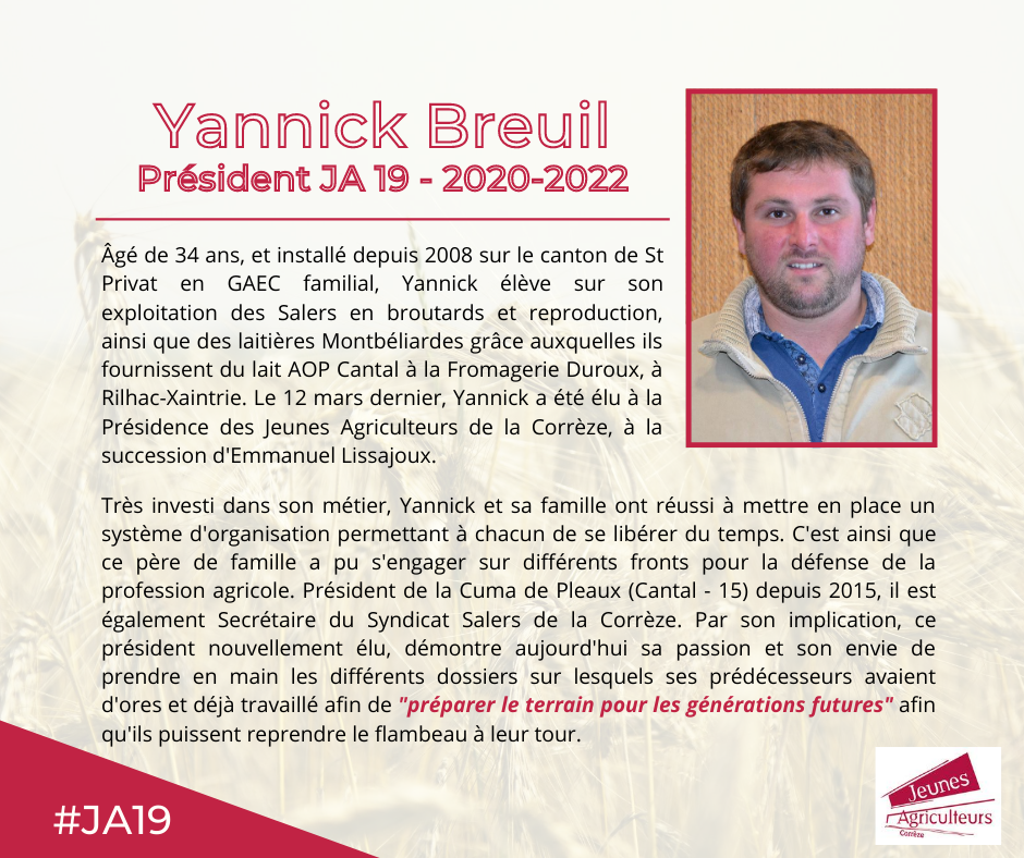 👨‍🌾[BUREAU - JA19] 

Il est temps de faire les présentations ..! Voici le portrait de notre Président 2020-2022, Yannick Breuil ! 👇

#fiersdetreja #JA19