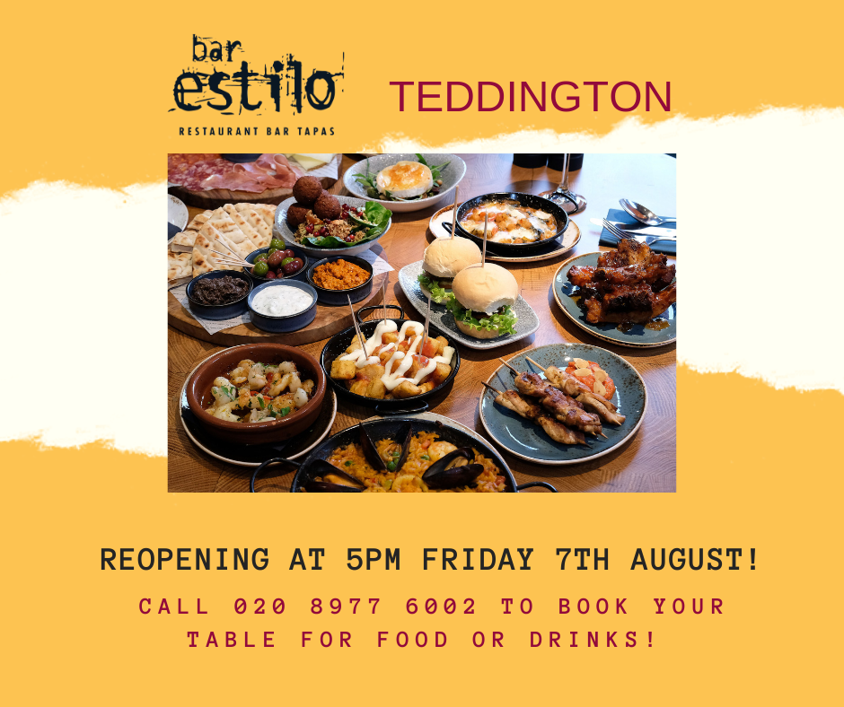 BarEstiloTed's tweet photo. We’re ready and reopening this Friday evening! #Teddington #reopening #bookyourtable #tapas #paella #cocktails #draftbeer https://t.co/z6V6xy5OAw