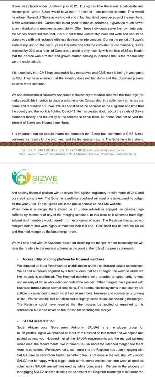 LandNoli's tweet photo. Sizwe Medical:

CMS declined our merger with Hosmed &amp; intend placing Sizwe under Curatorship!

Sizwe is Black owned with strong financials

In 2019, Sizwe &amp; Thebe were to merge, but CMS put Thebe under curatorship. Thebe will die or be absorbed by big players. Same plan for Sizwe https://t.co/8chZWqZNcm