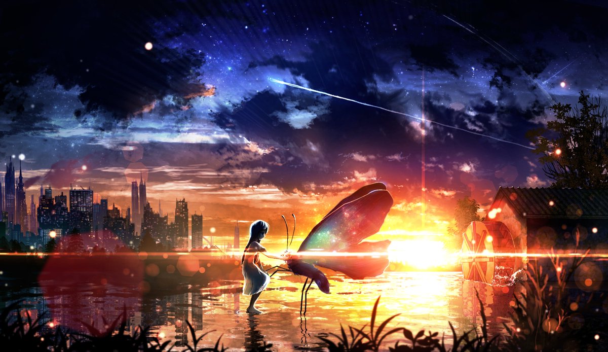 1girl sky scenery star (sky) outdoors cloud sunset  illustration images