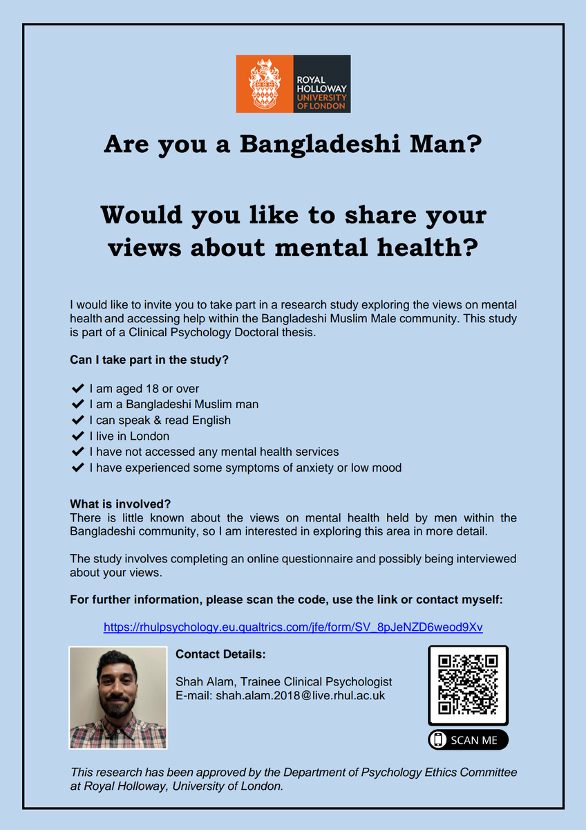 Hi, I am looking to speak to Bangladeshi men in London to take part in my doctoral research study. This involves a short questionnaire and conversation on mental health Please re-tweet! See the link for details:  https://rhulpsychology.eu.qualtrics.com/jfe/form/SV_8pJeNZD6weod9XvThanks!  #BAME  #research  #mentalhealth 