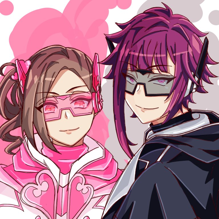 brown hair 1girl smile pink eyes 1boy looking at viewer tinted eyewear  illustration images