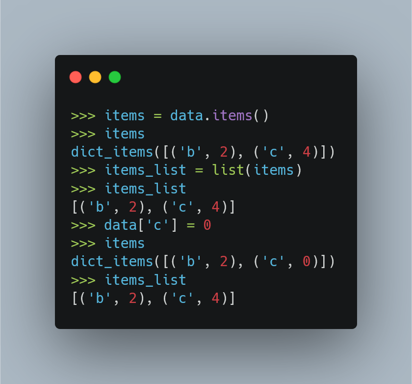 aquicarattino's tweet image. #PythonTip. Dictionary views can be cast to other data types, such as a list. Once you do that, they are not dynamic anymore. Any change to the original dictionary won't be reflected.
#Python has some very interesting subtleties.