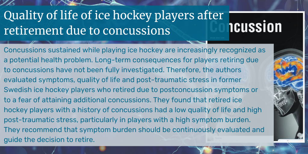 In this study, the authors from <a href="/LTUniv/">Luleå tekniska universitet</a>, <a href="/lunduniversity/">Lund University</a> &amp; <a href="/goteborgsuni/">Göteborgs universitet / University of Gothenburg</a> evaluated symptoms, quality of life and post-traumatic stress in former Swedish #icehockey players who retired due to factors related to #concussion. bit.ly/33tkud1