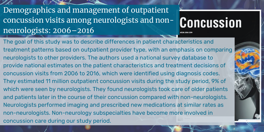 In this study, the authors from <a href="/BostonChildrens/">Boston Children's</a> describe differences in #concussion patient characteristics and treatment patterns based on outpatient provider type, with an emphasis on comparing #neurologists to other providers. bit.ly/2XpfUsn