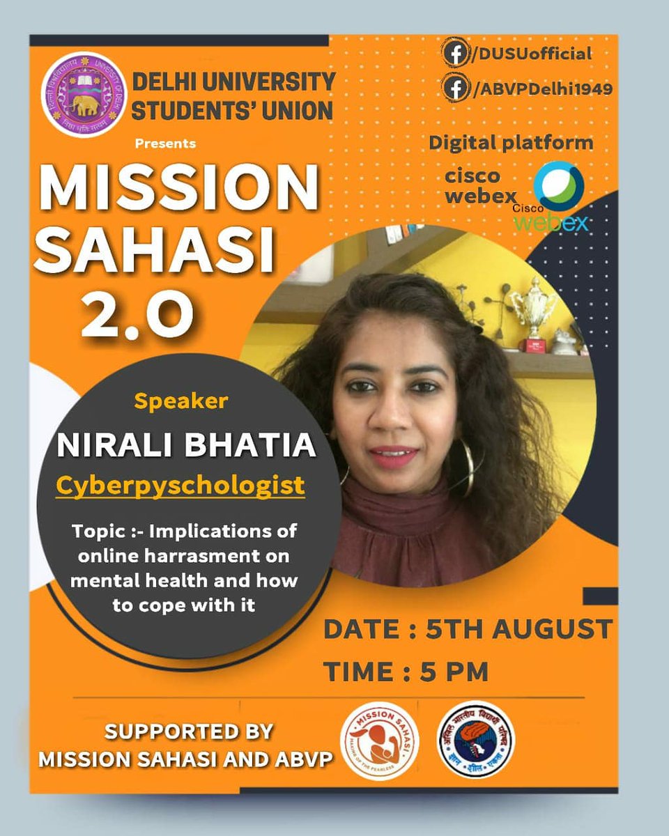 Join us today live at facebook facebook.com/ABVPDELHI1949/ to connect with @BhatiaNirali on the topic Implications of online harrasment on mental health and how to cope with it. #MissionSahasi2020