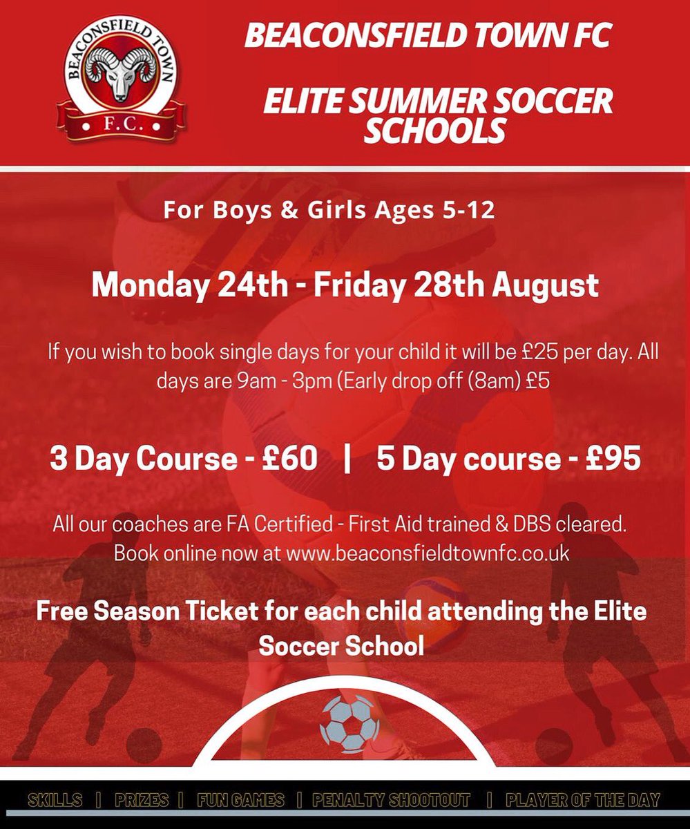 BeaconsfieldFC's tweet image. 🗣 U12 FOOTBALLERS 🗣⁣
⁣
Our summer soccer school is BACK by popular demand and we’re looking for boys and girls from ages 5-12yrs old to come and take part!

-Learn new skills ⁣
-Make new friends ⁣
-Win Prizes ⁣

 #summercamp #football #U12 #beaconsfield #bucks #contactus
