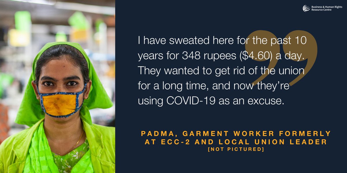 SharanBurrow's tweet photo. ⁦@ituc⁩ In 7 out of 9 cases suppliers blamed #COVID19 ‘s impact for dismissals, but workers say union members are unfairly targeted for union membership and organising. Find out more in @BHRRC’s new report https://t.co/UhEGWKYYPY https://t.co/BWqCpVsAfA