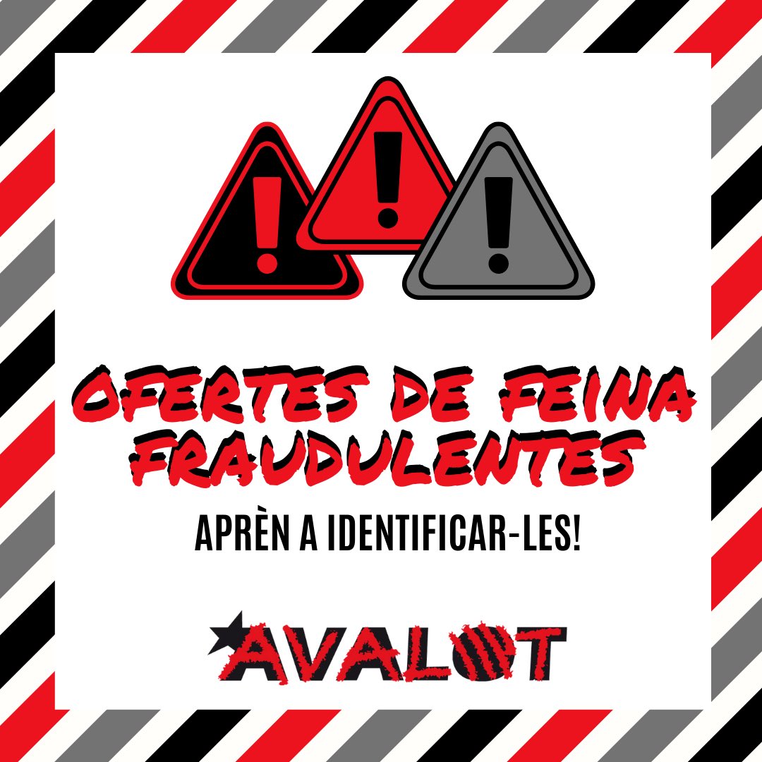 avalotcat's tweet photo. ⚠️ En moments de crisi és quan més ofertes de #feina fraudulentes s'anuncien ‼️
🔴 Aprèn a identificar-les! 👉🏼 https://t.co/nseKyaD7Oe
‼️ Si et trobes amb una #ofertafraudulenta o algun tipus d'anunci fraudulent, no dubtis en denunciar-ho!
#sindicalisme #avalot https://t.co/MdMkk7qy4f