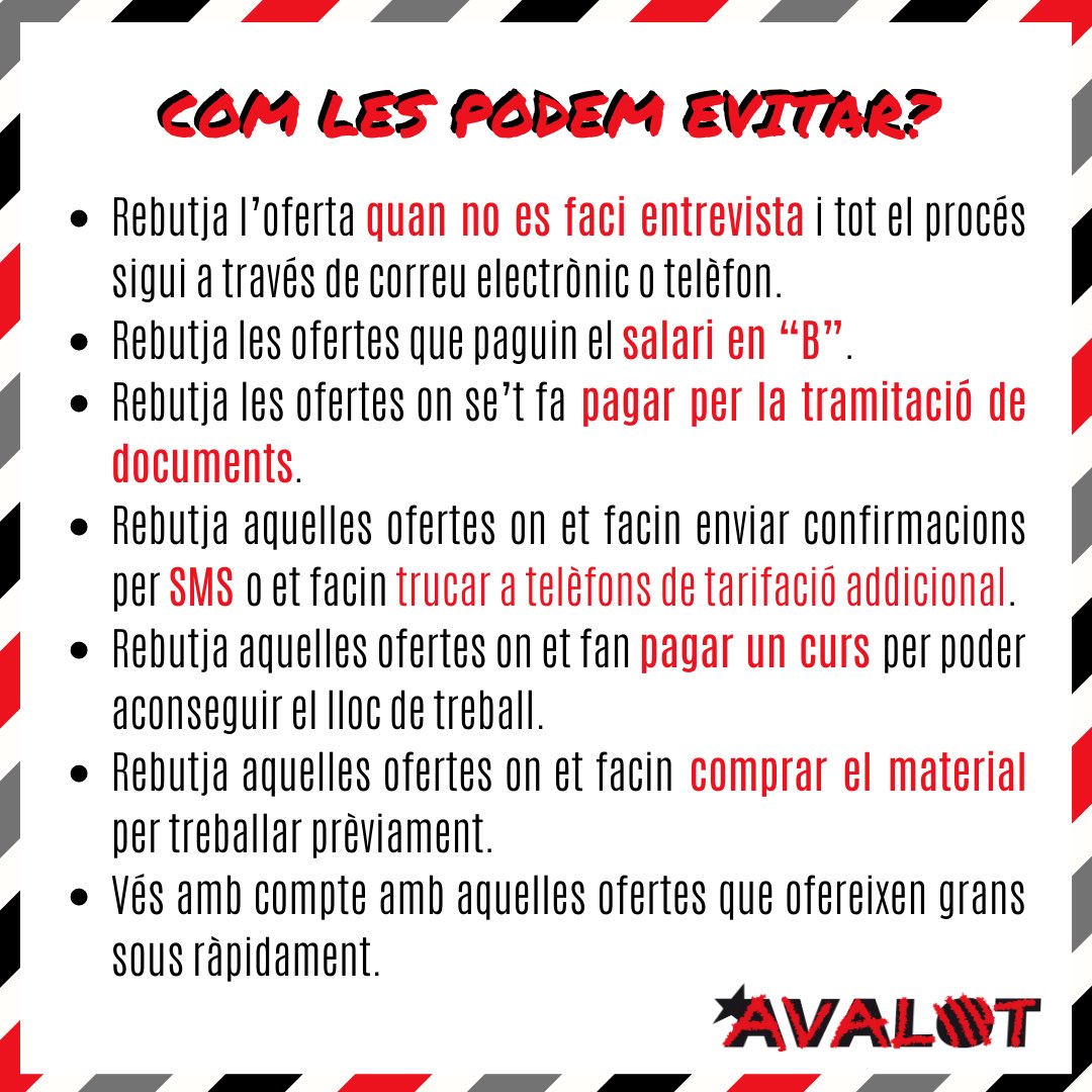 avalotcat's tweet photo. ⚠️ En moments de crisi és quan més ofertes de #feina fraudulentes s'anuncien ‼️
🔴 Aprèn a identificar-les! 👉🏼 https://t.co/nseKyaD7Oe
‼️ Si et trobes amb una #ofertafraudulenta o algun tipus d'anunci fraudulent, no dubtis en denunciar-ho!
#sindicalisme #avalot https://t.co/MdMkk7qy4f