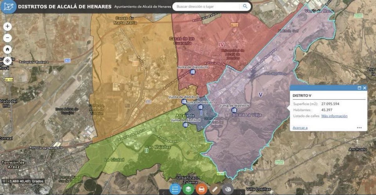 CastillejoCalvo's tweet photo. 🌐 #TransformaciónDigital #GIS #MapasGIS 🗺 “Distritos de Alcalá” donde puedes consultar de manera dinámica las delimitaciones de los distritos, el listado de sus calles, datos de contacto de la Junta, así como extensión y población. Puedes consultarlo en https://t.co/6ppRZInqqV https://t.co/VZxc5hf6lt