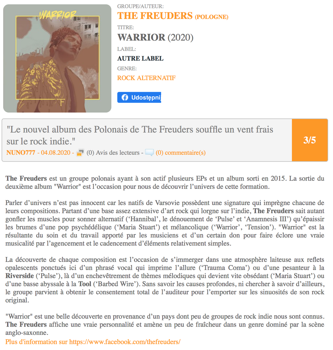TheFreuders's tweet photo. 🇫🇷 Vive la France! 🇫🇷
(...) "Warrior" est une belle découverte en provenance d’un pays dont peu de groupes de rock indie nous sont connus. The Freuders affiche une vraie personnalité et amène un peu de fraîcheur dans un genre dominé par la scène anglo-saxonne." https://t.co/Abz4hEaKqO