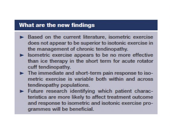 8/10 Isometrics were not superior to isotonic exercise in chronic tendinopathy for a range of outcomes