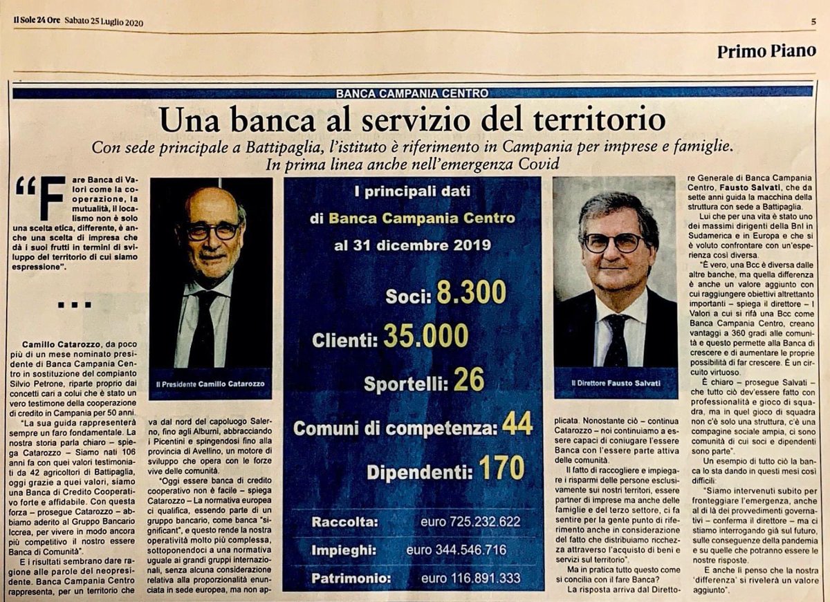 ⬇️ Nello #speciale de #ilsole24ore 🗞dedicato al Rapporto #creditocooperativo #sud, uscito in edicola lo scorso 25 luglio, parlano il presidente e il direttore di Banca Campania Centro, Camillo Catarozzo e Fausto Salvati.

#bcc #sviluppo #territori 
<a href="/gruppoiccrea/">Gruppo BCC Iccrea</a> <a href="/FedercasseBCC/">Federcasse - BCC</a>