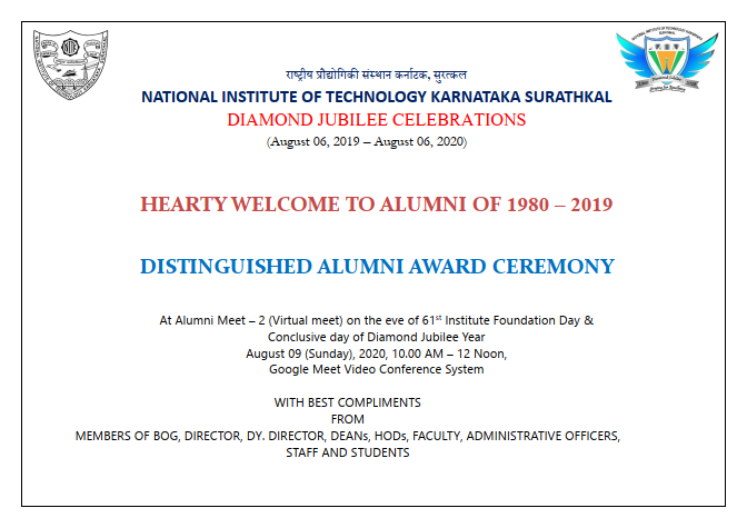 All are cordially invited to participate in the DAA 2020 Awards Ceremony on August 06, 2020 (Sunday) from 10:00 AM onwards through the link below:
stream.meet.google.com/stream/2437244…

<a href="/HRDMinistry/">The Students Circle ➐</a> <a href="/DeanNitk/">AlumniDeanNITK</a> <a href="/DrRPNishank/">Dr. Ramesh Pokhriyal Nishank</a>
