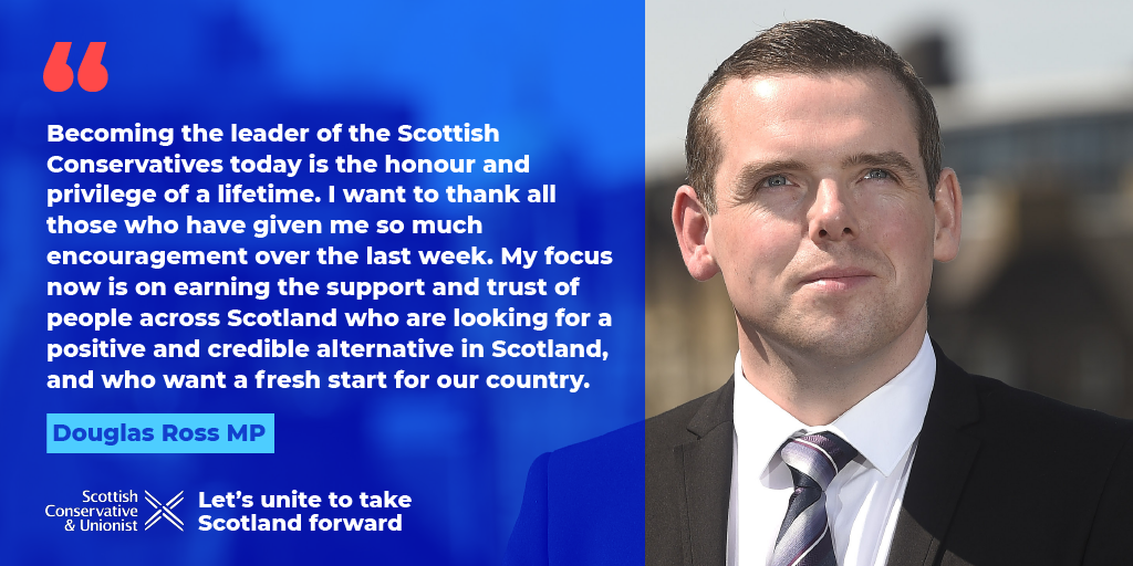 Douglas4Moray's tweet photo. Becoming leader of the Scottish Conservatives today is the honour and privilege of a lifetime. Now our focus must turn to earning the trust of people looking for a positive and credible alternative for Scotland, and who want a fresh start for our country. I hope you'll join us. https://t.co/Uxc27advpn