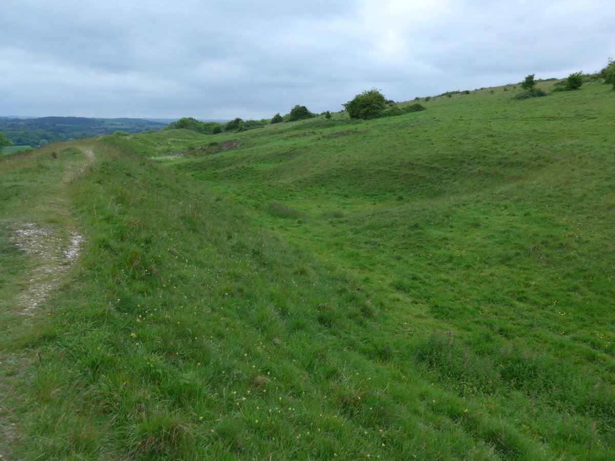 More of Hod Hill  #Dorset for  #HillfortsWednesday : the northern bivallate ramparts of the hillfort looking East;the Eastern circuit of the Roman fort where it intersects with the Iron Age earthworks;the Southern inner scarp with quarry pits