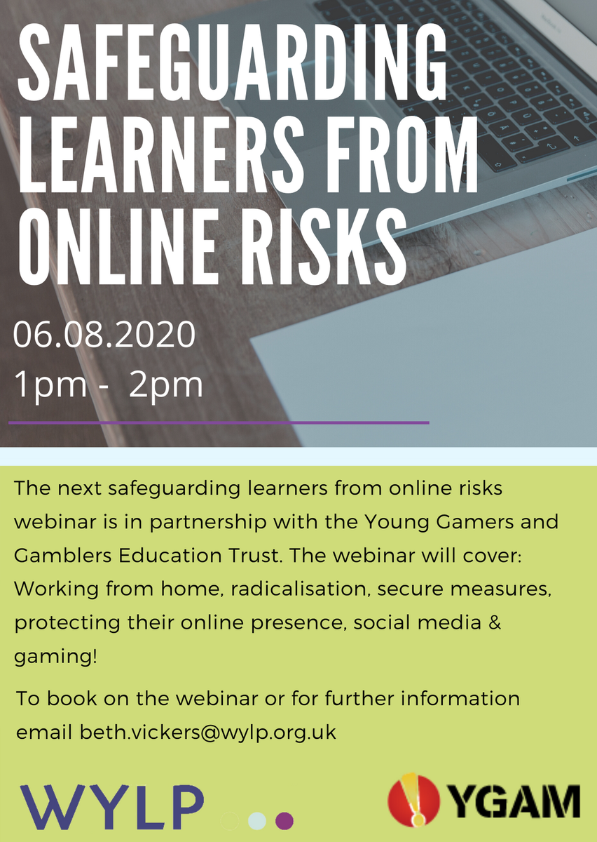 WYLPLTD's tweet photo. WYLP Members - We are running a Safeguarding learners from online risks webinar in partnership with young Gamers and Gamblers Education Trust (YGAM) tomorrow!
Email beth.vickers@wylp.org.uk to access the link #TeamWYLP https://t.co/iCn5NzUG2p