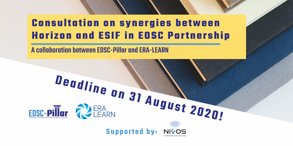 EoscPillar's tweet photo. The deadline for the current consultation on synergies between Horizon and #ESIF in #EOSC Partnership has been extended to 31 August 2020.
Complete the survey now! https://t.co/0rMXqurxtv
#funding #openscience #Europe #horizoneu #h2020 https://t.co/7ByyoGDyRn