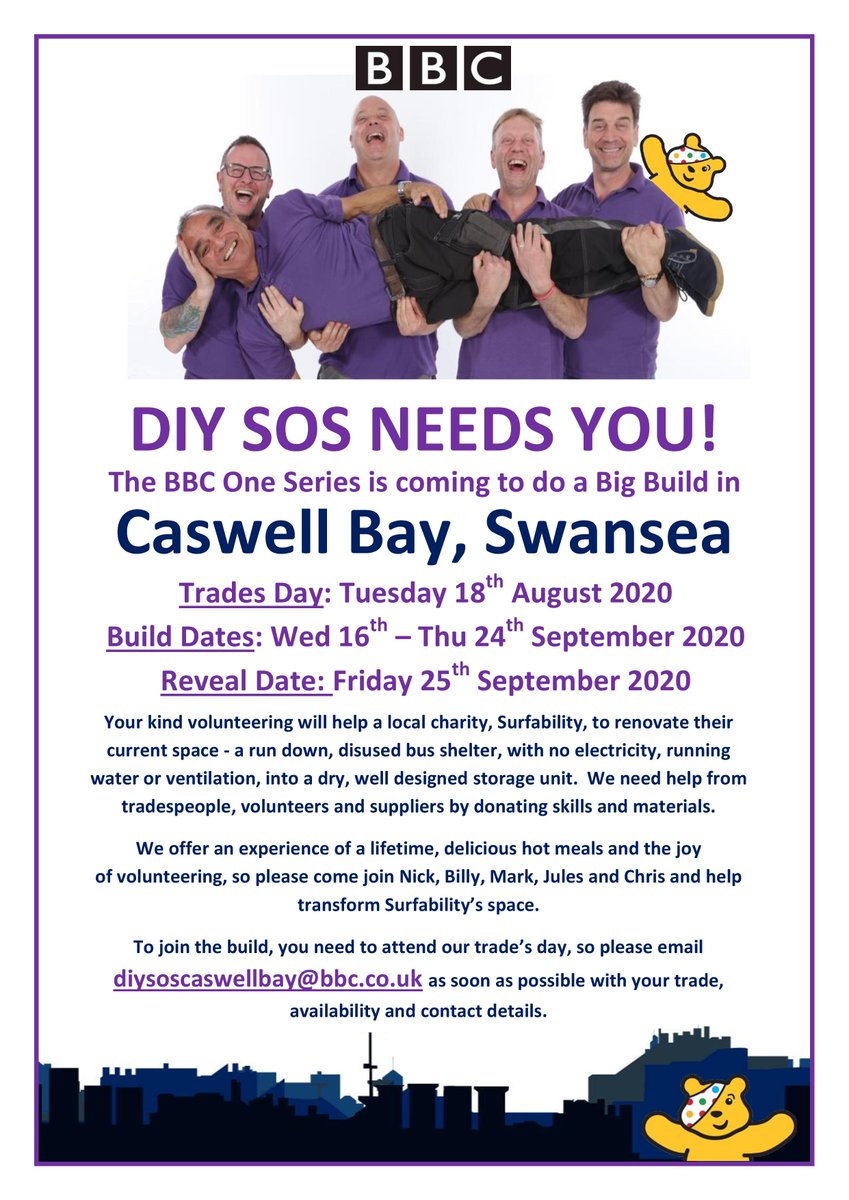 We're back! DIY SOS, Children in Need special is coming to Caswell Bay, Swansea!

Wednesday 16th to Friday 25th September 2020. Can you help us? We need help from local Trades, Volunteers &amp; Suppliers.

Please email: diysoscaswellbay@bbc.co.uk to apply!

Pls RT <a href="/MrNickKnowles/">Nick Knowles</a>