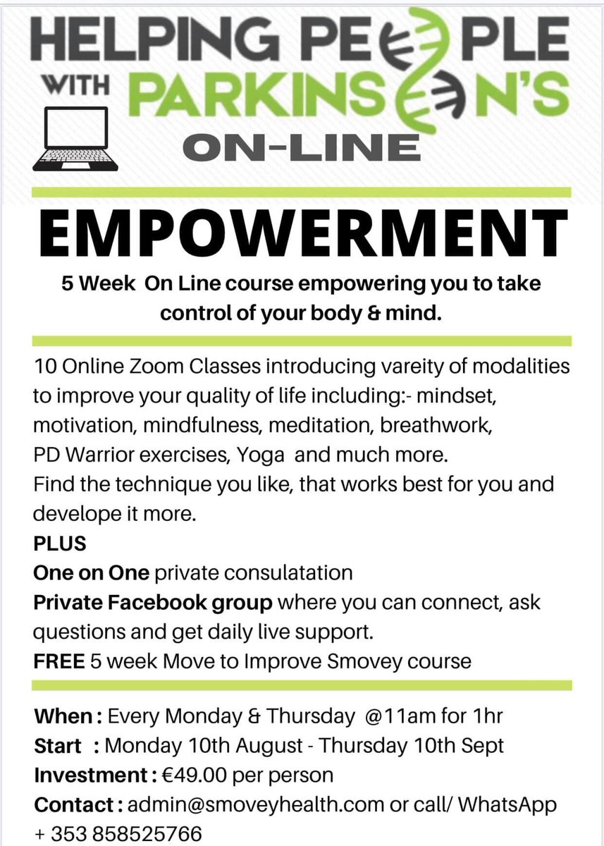 Our new 5 week Empowerment #online  course for people with #Parkinsons is starting next week with limited availability left.
Email admin@smoveyhealth.com .
helpingpeoplewithparkinsons.com #Empowerment #mindset #meditation #breathwork #smoveymed