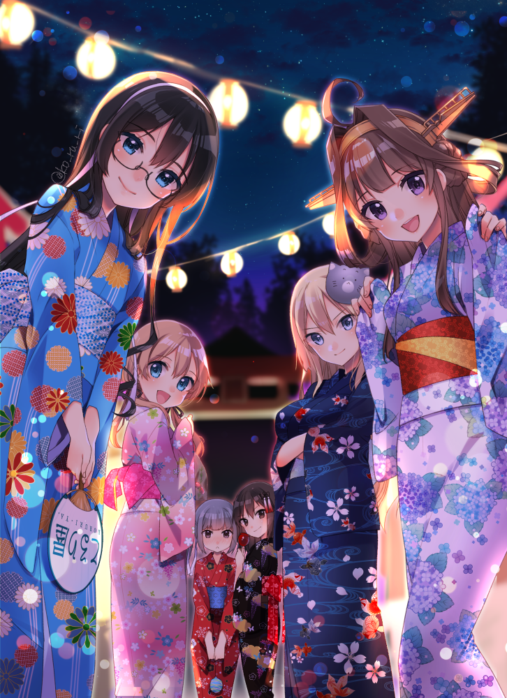 jintsuu (kancolle) ,naka (kancolle) ,sendai (kancolle) multiple girls japanese clothes 3girls brown hair kimono shaved ice candy apple  illustration images