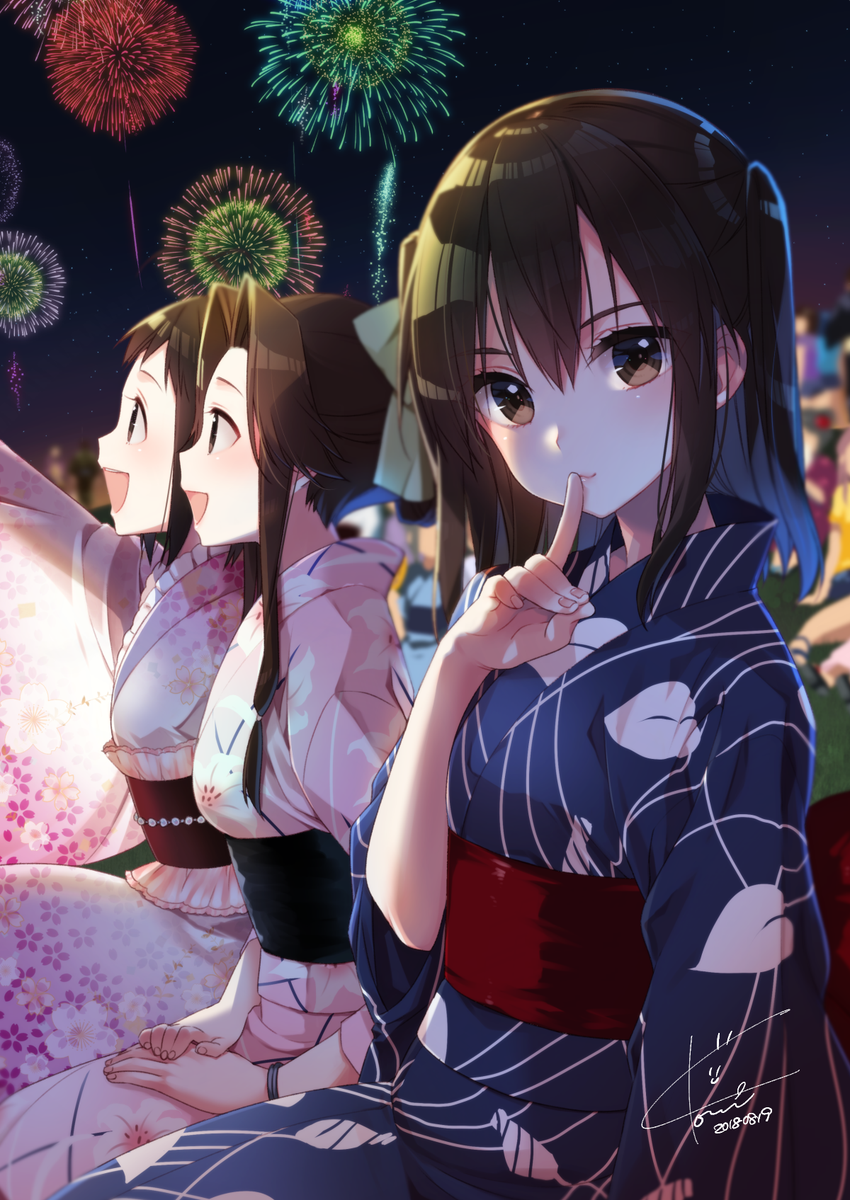 jintsuu (kancolle) ,naka (kancolle) ,sendai (kancolle) multiple girls japanese clothes 3girls brown hair kimono shaved ice candy apple  illustration images