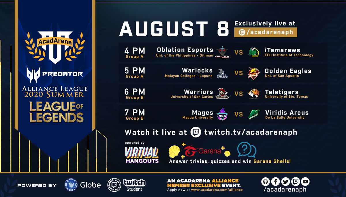 acadarena's tweet photo. More LoL Campus Esports action comes your way in Day 3 of #Predator Alliance League Summer 2020 on Aug 8 at https://t.co/EU6WpS7S6m
Lock in your predictions!
#UPDWin or #FITWin?
#MCLWin or #USAWin?
#USCWin or #TGRWin?
#MGSWin or #DLSUWin?
#AcadArena
#GlobePrepaidVirtualHangouts https://t.co/zZbKL841IJ