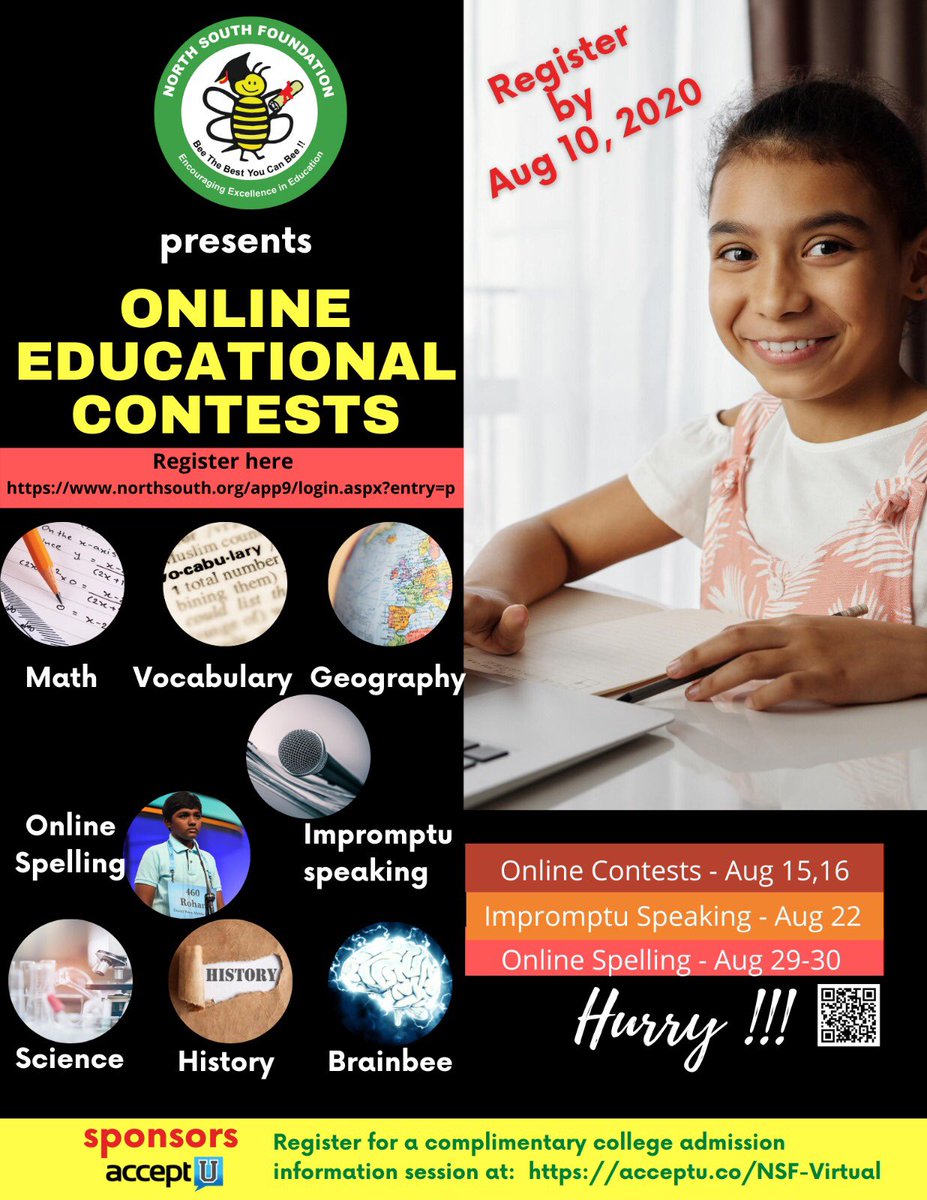 NSFBee's tweet photo. Registration is open for NorthSouthβs online educational contests. Sign up soon! #spellingbee #onlinespellingbee #geographybee #vocabularybee #brainbee #brainbeecompetition #historybee #sciencebee #mathcounts https://t.co/4Ouwn7AB7U