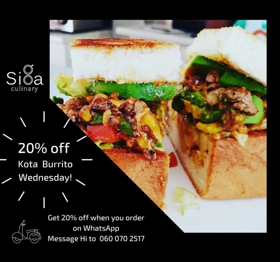 SigaCulinary's tweet photo. Its Wednesday and you know what that means? 

Kota Burrito Wednesday From R70 to R56

Just text "Hi" on the number below to place your order. https://t.co/DWufg1a1Nh