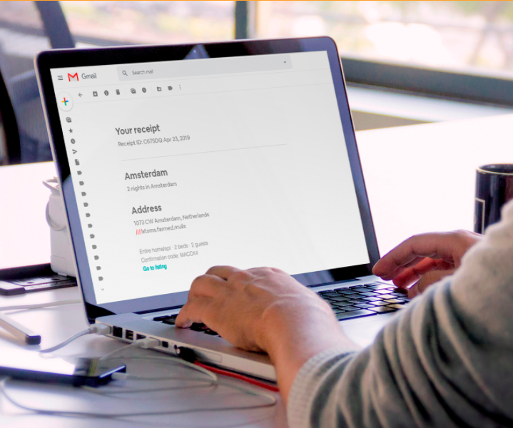 Booking confirmation listing what3words address