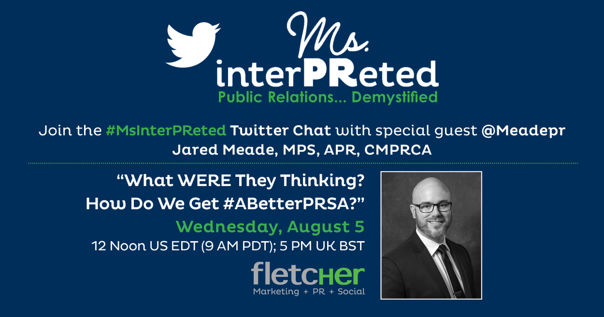 fletcherpr's tweet photo. Our guest, @meadePR, has been active for years across @PRSA leadership teams at chapter and district levels. He has served as a delegate to the #PRSAAssembly for #ABetterPRSA. 

Welcome, Jared, to #MsInterPReted! And welcome, Everyone! https://t.co/5JiUAXPBf5