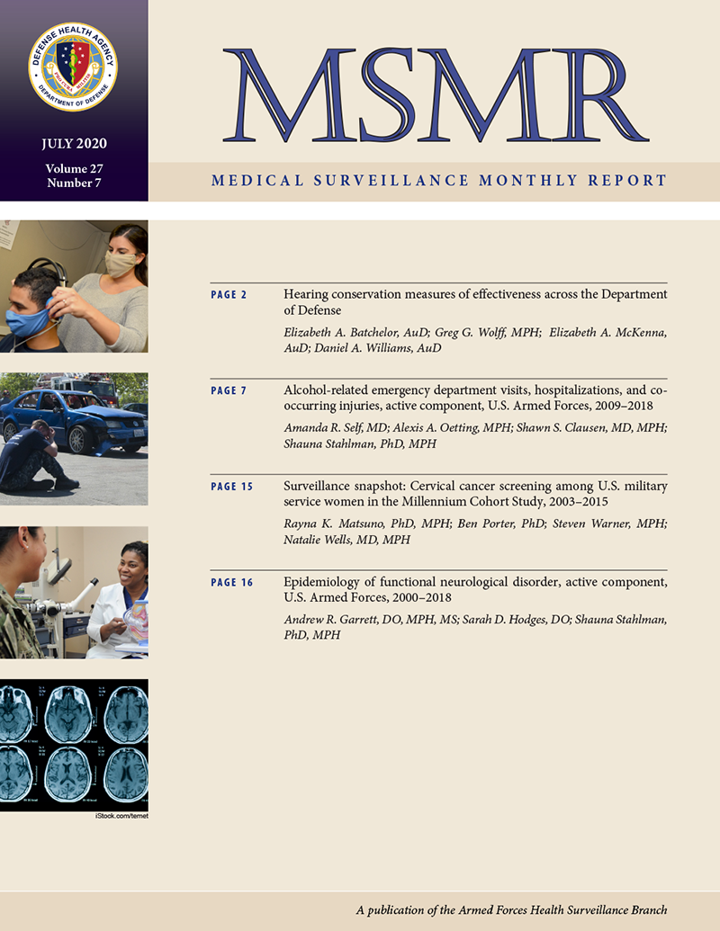 AFHSDPAGE's tweet photo. The newest issue of the monthly report is here! July topics include data on hearing conservation measures, alcohol-related emergency department visits, and the epidemiology of functional neurological disorders. https://t.co/UASQmbrQwc