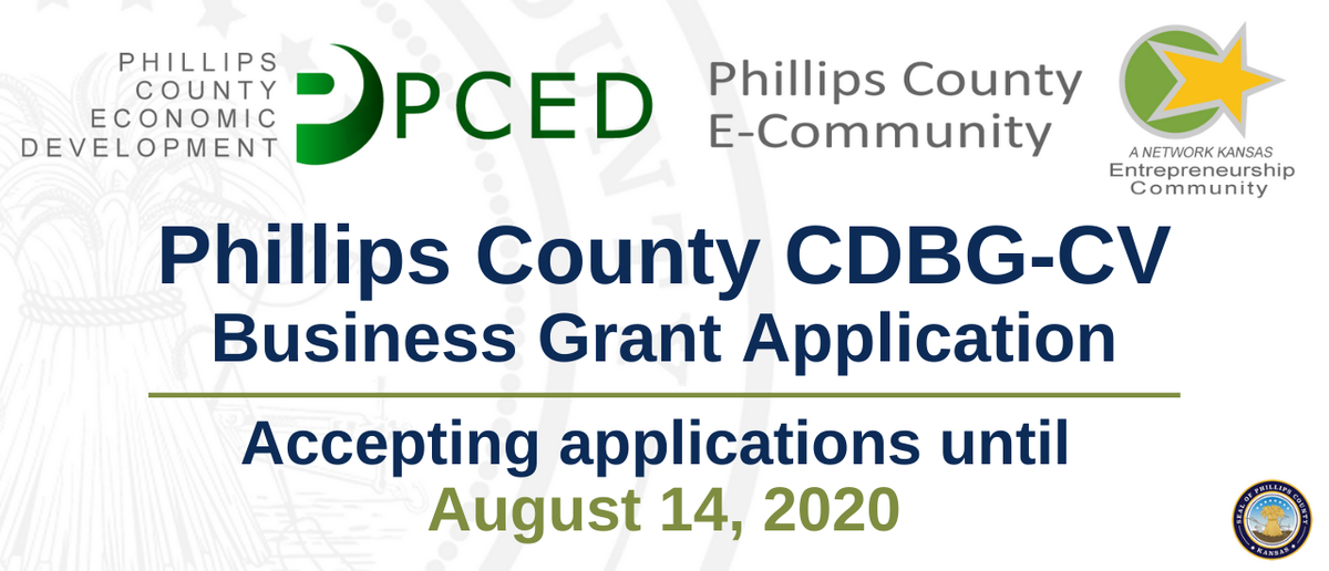 Phillips County is accepting applications from Phillips County businesses located outside of the Phillipsburg City limits until August 14, 2020. For more information, visit: phillipscountyks.org/CDBG-CVApplica…