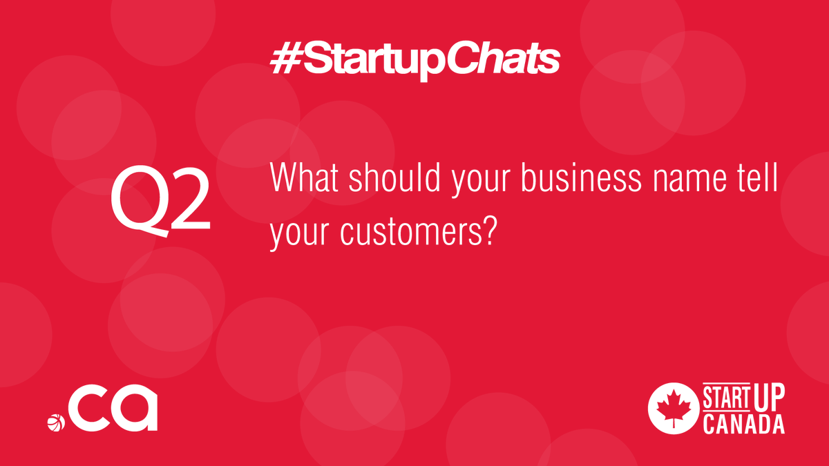 Startup_Canada's tweet photo. Q2 What should your business name tell your customers? @ciranews #StartupChats https://t.co/Jhu0ijUfvk