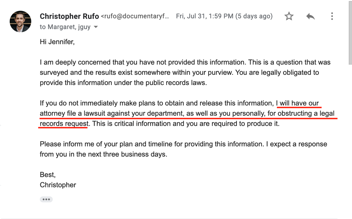 After I filed my records request, the county deliberately stonewalled, delayed, and flat-out denied that the data existed. So I raised the stakes and threatened to sue the King Government and the public records officer for "obstructing a legal records request."