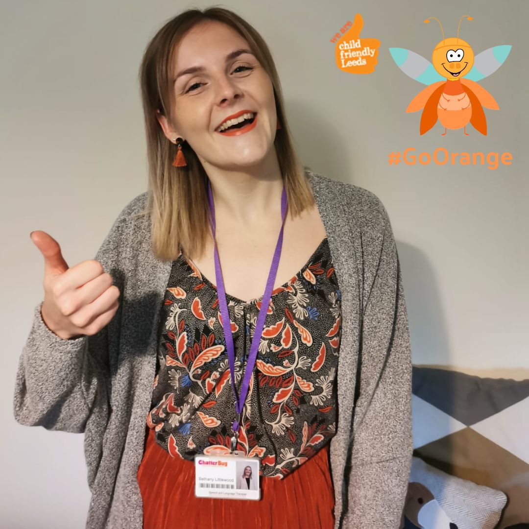 ChatterbugSLT's tweet image. On behalf of Child Friendly Leeds, we&apos;re asking the whole city to #GoOrange for today! 🍊

So here is Beth who is one of our SLTs with her orange inspired look! 👍

#ChildFriendlyLeeds #ChatterBug #ChildDevelopment #SLT #SpeechTherapy #LanguageTherapy #Leeds