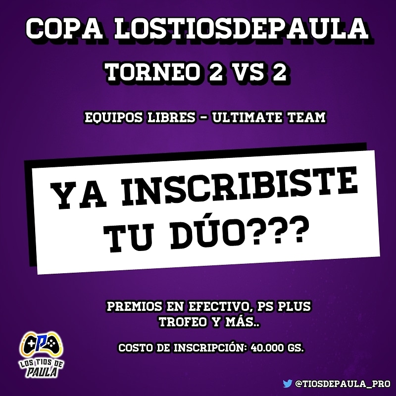tiosdepaula_'s tweet photo. Copa LosTiosDePaula 🏆.
Torneo 2 vs 2 #UltimateTeam 
La última y más importante de #FIFA20 ⚽🎮.
No te quedes afuera, inscripciones abiertas toda la semana!!

#QueLindoEsSerUnTío

@FIFAPY @IESAParaguay https://t.co/sw0MUz8Bm4
